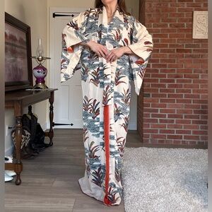 Vintage Japanese Floral Kimono Burgundy Navy Cream